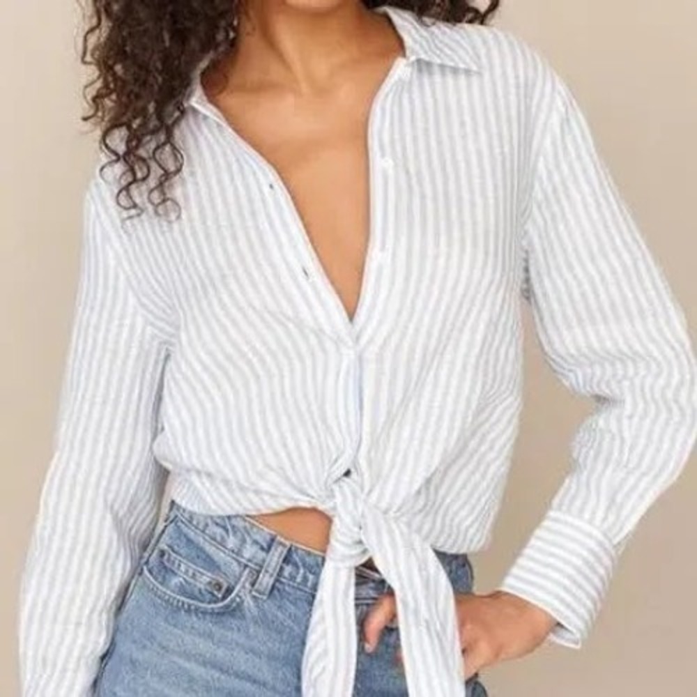 Reformation Blue White Striped Linen Tie Front Button Down Shirt Large